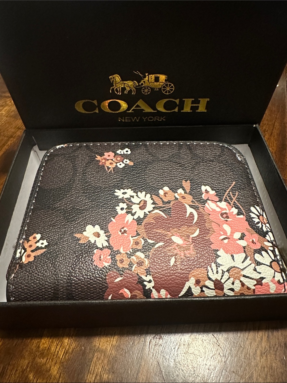Coach Black Floral Zip Around Wallet with Pink Accents - Picture 3 of 4
